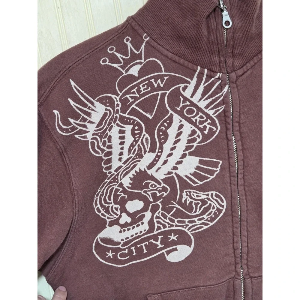 Ed Hardy Sweatshirt Mens XL Brown Full Zip Fleece New York City Tattoo Graphic - Picture 7 of 13